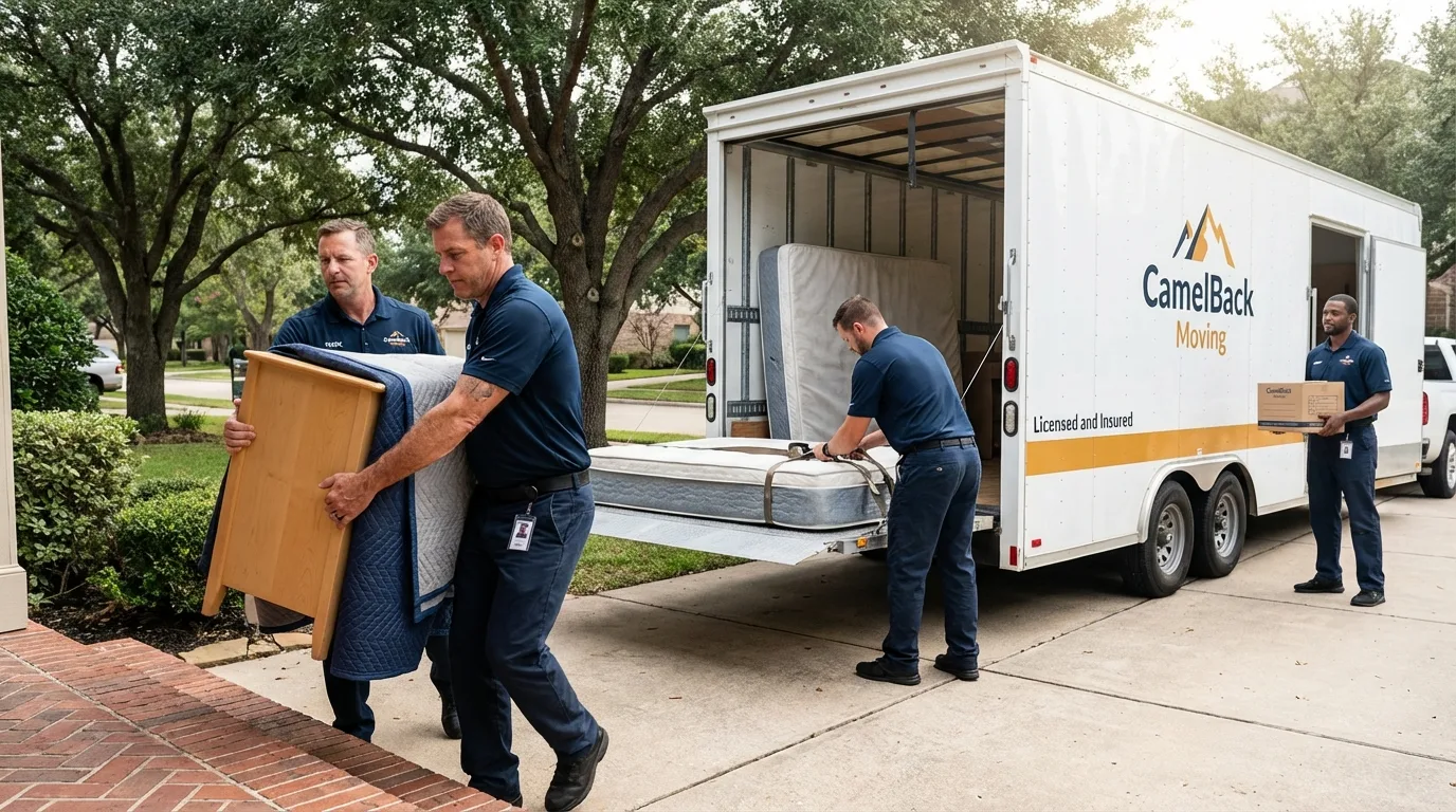 Crew loading residential truck for cross-state move from Cache, OK