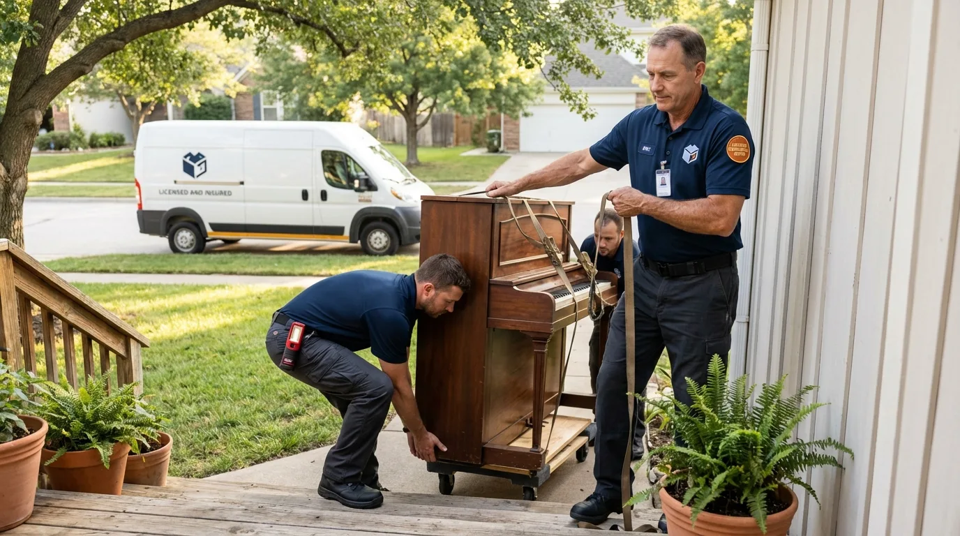 Licensed piano movers securing grand piano in Cache, OK