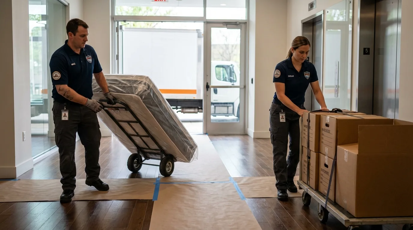 Professional apartment movers loading elevator in Cache, OK